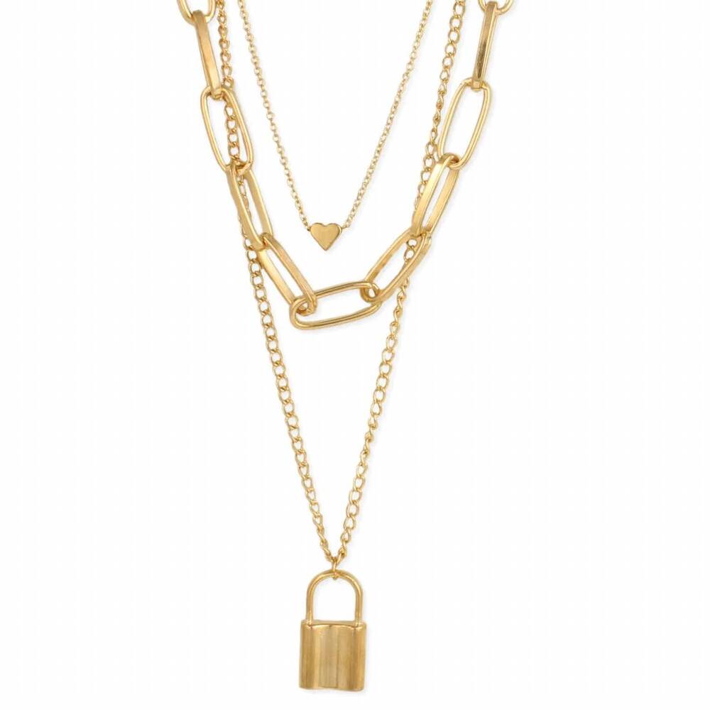NEW ZAD women's lock & heart layered chain necklace in gold